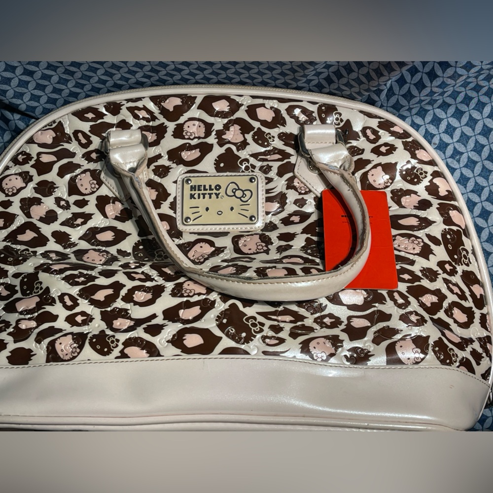 Hello Kitty Womens Leopard Print Bowler Handbag Purse Pink Brown Zip Closure